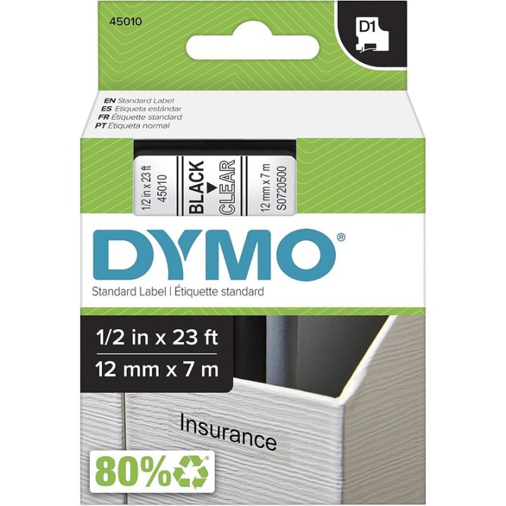 DYMO CINTA D1 PERM 1/2" BK/CLEAR. 45010