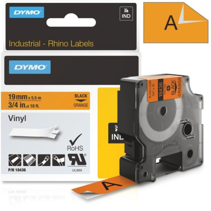 DYMO CINTA RHINO VINIL 3/4" BK/ORA 18436